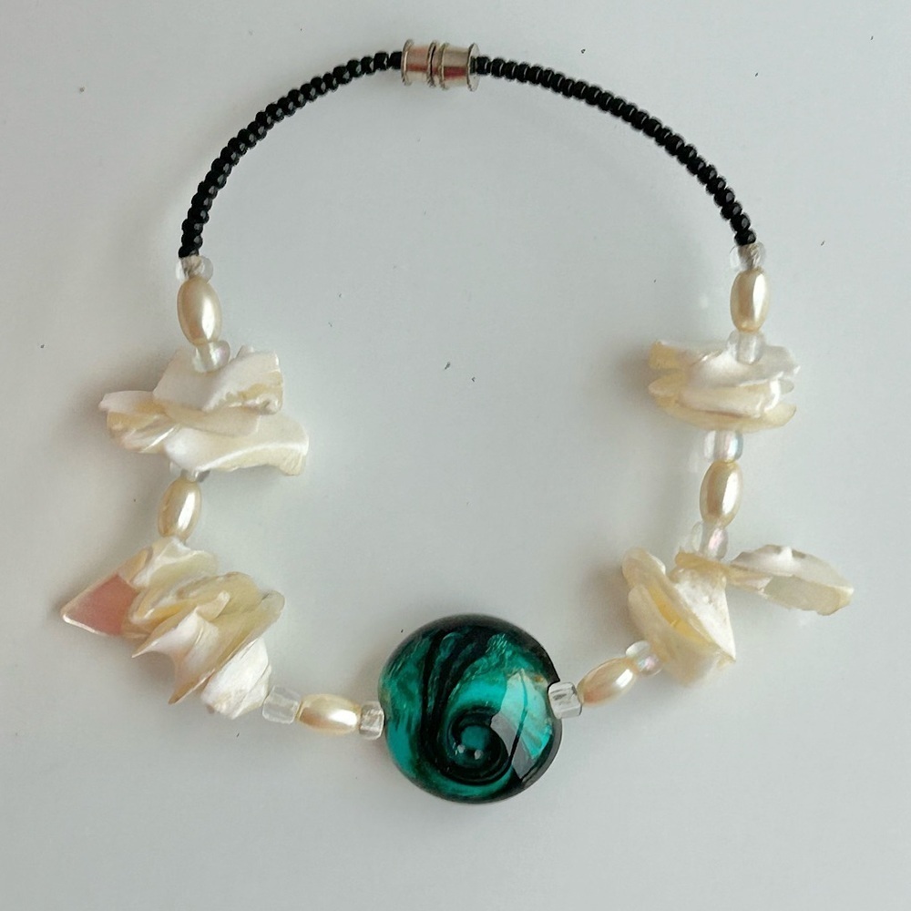 Vintage Green Glass Beaded Shell Boho Bracelet, Faux Pearls Handmade Jewelry
